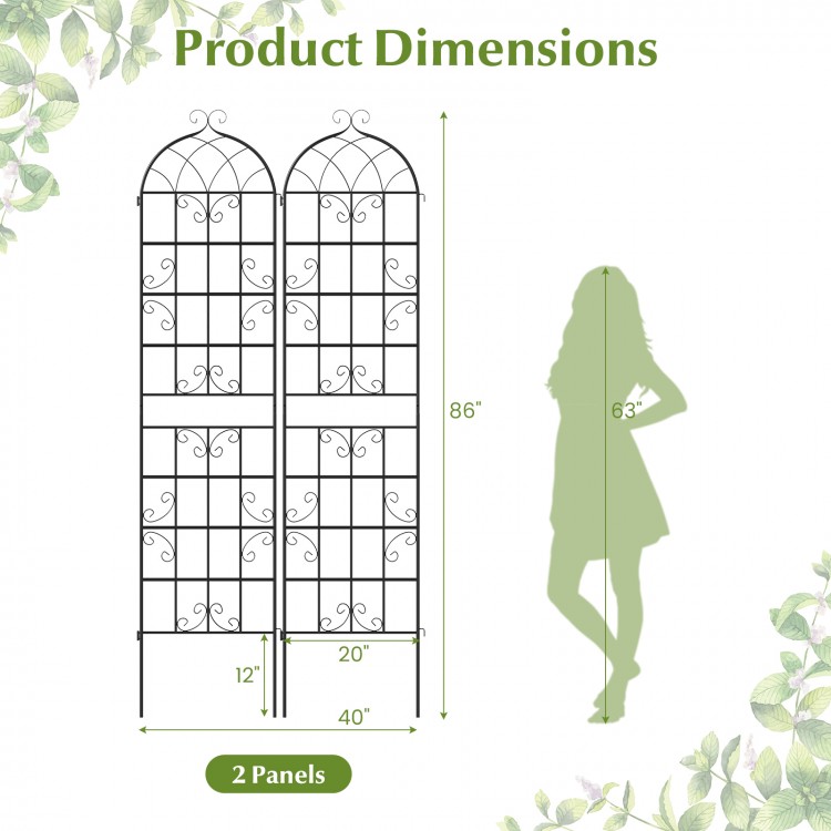 Metal garden trellis set, 86" x 20", designed for climbing plants, featuring a rustproof finish and elegant vine design.