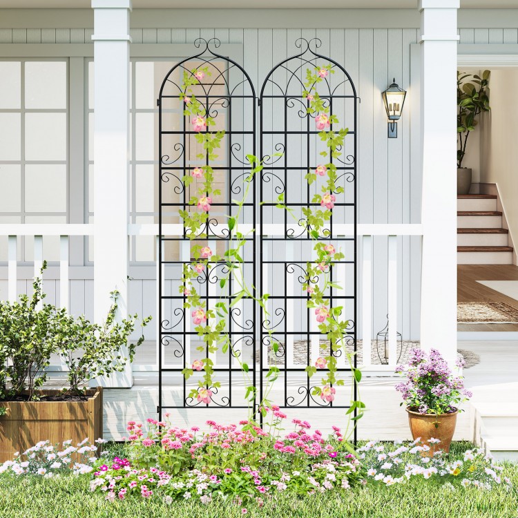 Two interlocking metal garden trellises, 86" x 20", designed for stability and elegance, perfect for climbing plants.
