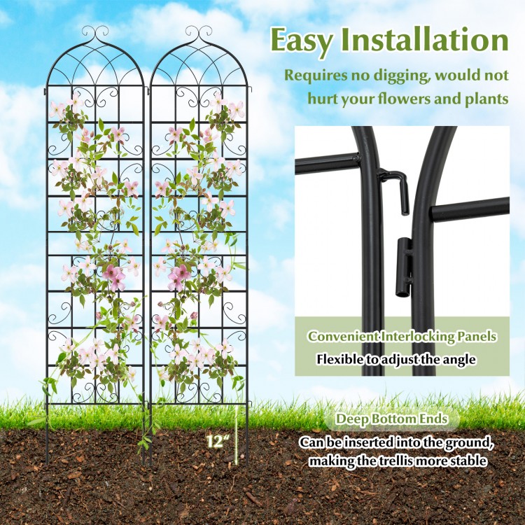 Metal garden trellis set for climbing plants, 86" x 20", rustproof with elegant vine design, ideal for outdoor use.