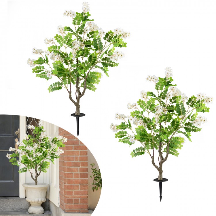 Artificial locust flower trees in white, 39 inches tall, with realistic foliage and sturdy ground spikes for easy.