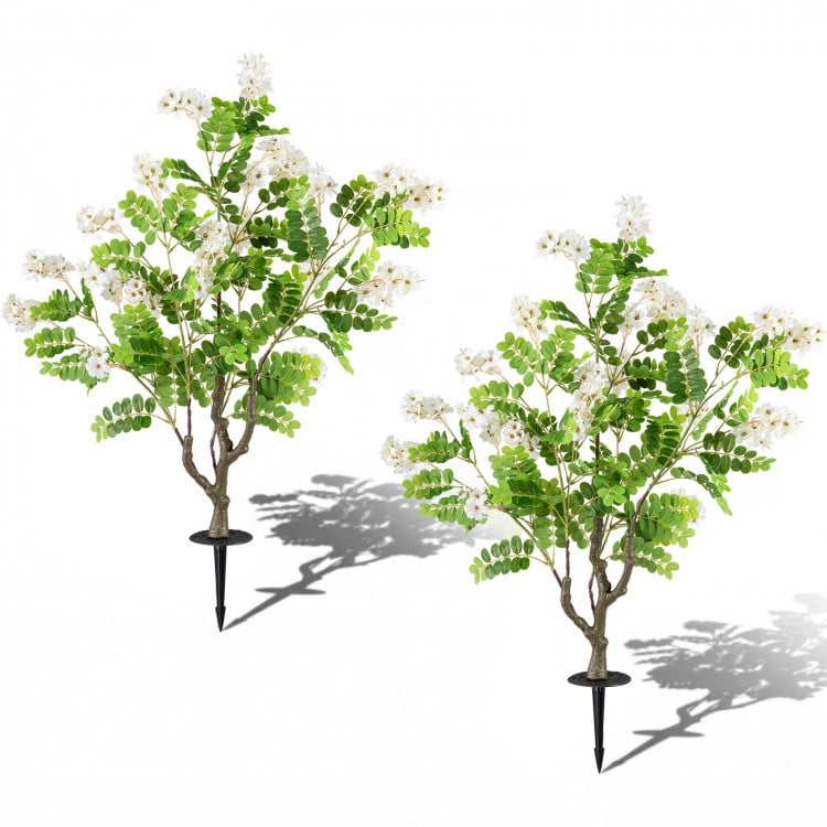 Two 39-inch artificial locust flower trees with white blooms and sturdy ground spikes, perfect for outdoor decoration.