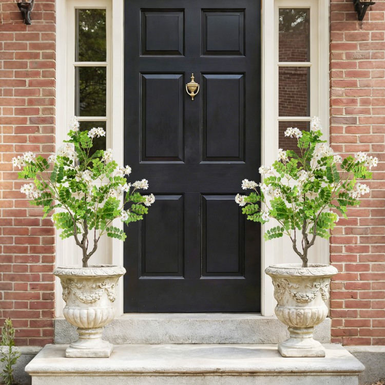 Two 39-inch artificial locust flower trees in decorative planters, featuring realistic white flowers for porch decor.