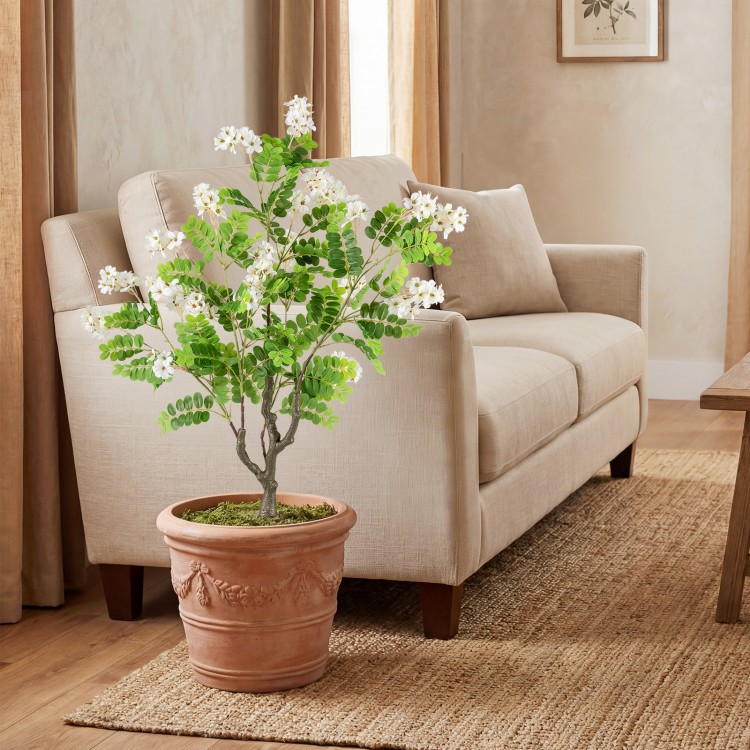 Artificial locust flower tree with white flowers, 39 inches tall, perfect for living rooms or porches.