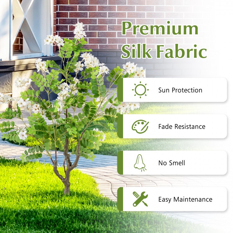 Artificial locust flower tree with realistic flowers, premium silk fabric, and ground spikes for easy outdoor placement.