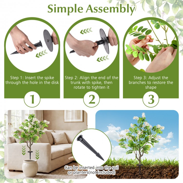 Artificial locust flower tree assembly steps showing ground spike insertion for easy setup in gardens or planters.