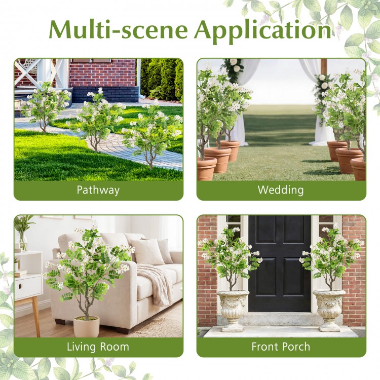 Artificial locust flower trees in various settings, showcasing realistic flowers for wedding, living room, and porch.