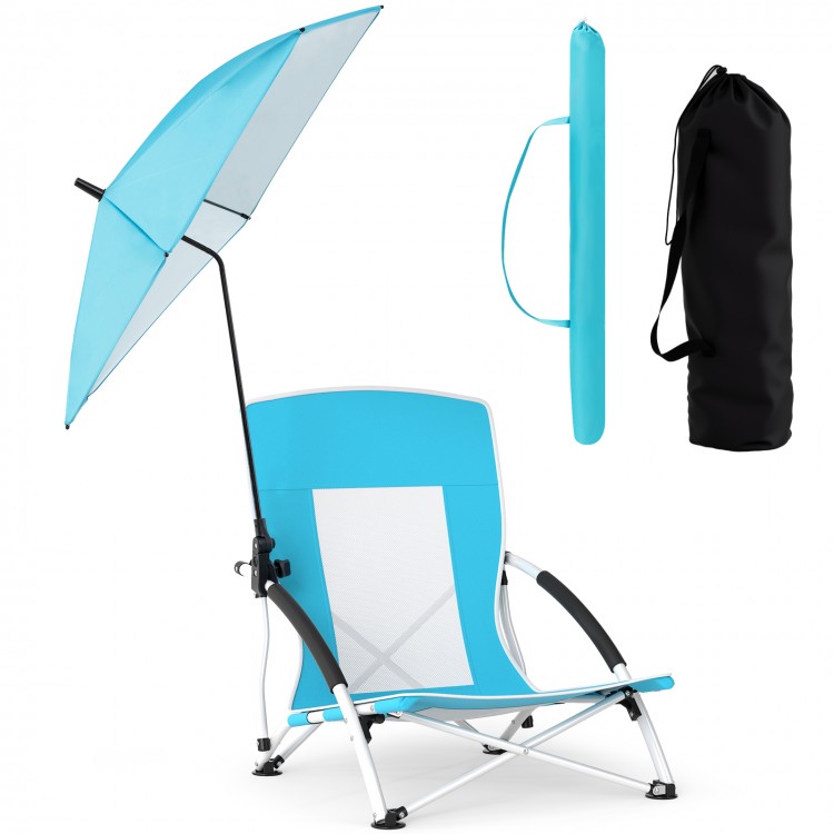 Beach umbrella chair in blue with adjustable parasol, padded armrests, and breathable mesh for comfortable outdoor.