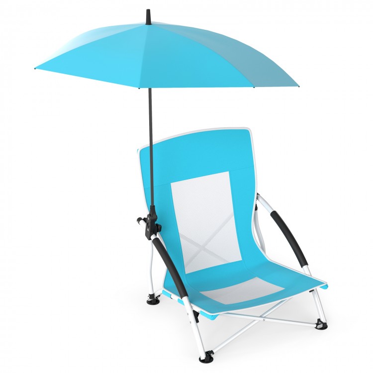 Blue beach umbrella chair with adjustable parasol, UPF50+ protection, and breathable mesh for comfort and airflow.