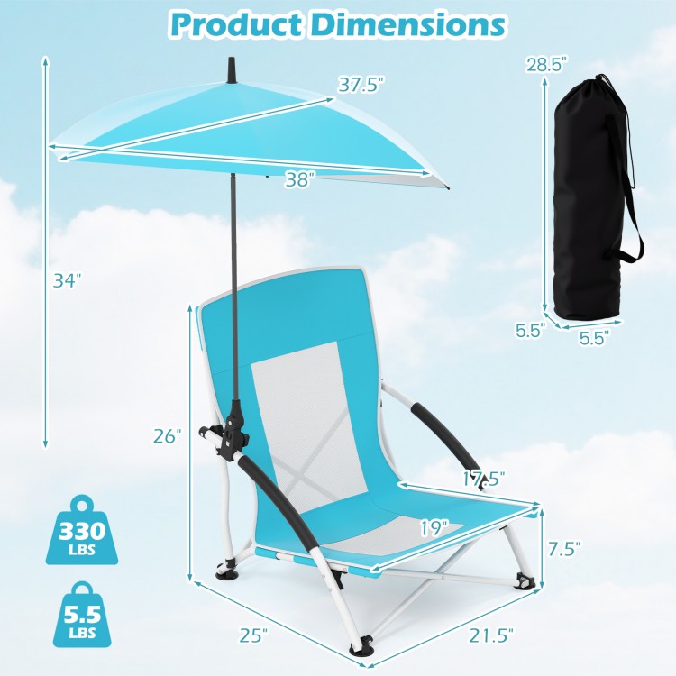 Adjustable blue beach umbrella chair with 360° parasol, padded armrests, and breathable mesh for comfort and stability.