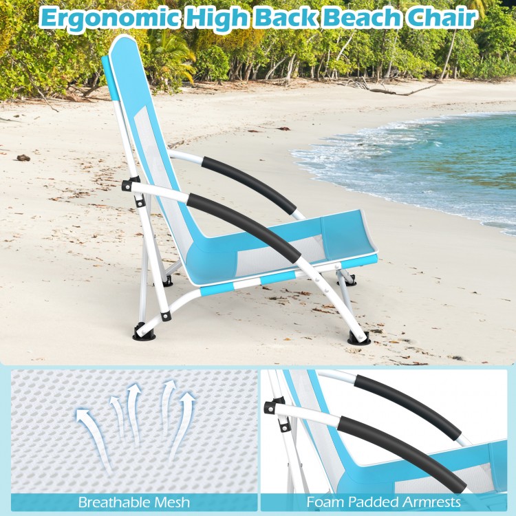 High back beach chair with breathable mesh and padded armrests, featuring a blue color and adjustable parasol for sun.