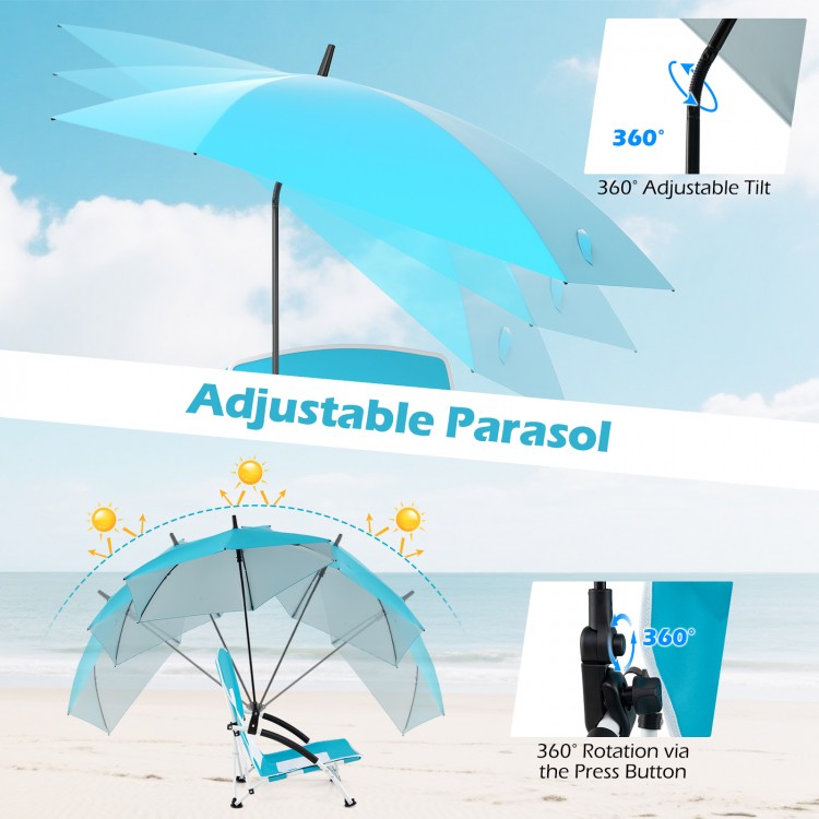 Adjustable parasol beach umbrella chair in blue with 360° tilt and rotation, providing UPF50+ sun protection.