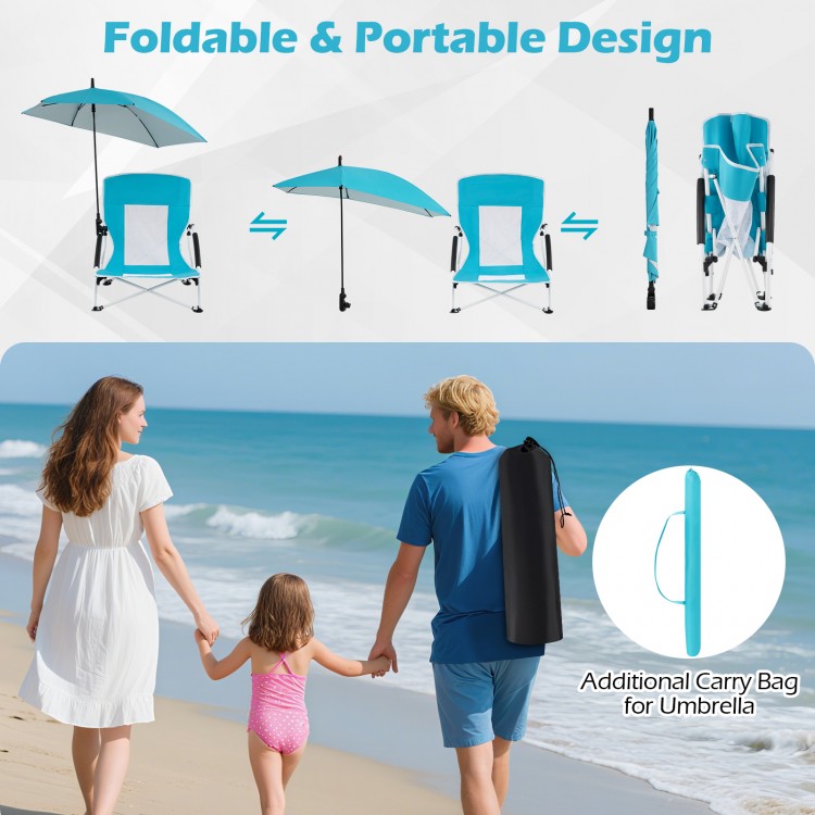Beach umbrella chair set in blue with adjustable parasol, padded armrests, and breathable mesh for comfort.