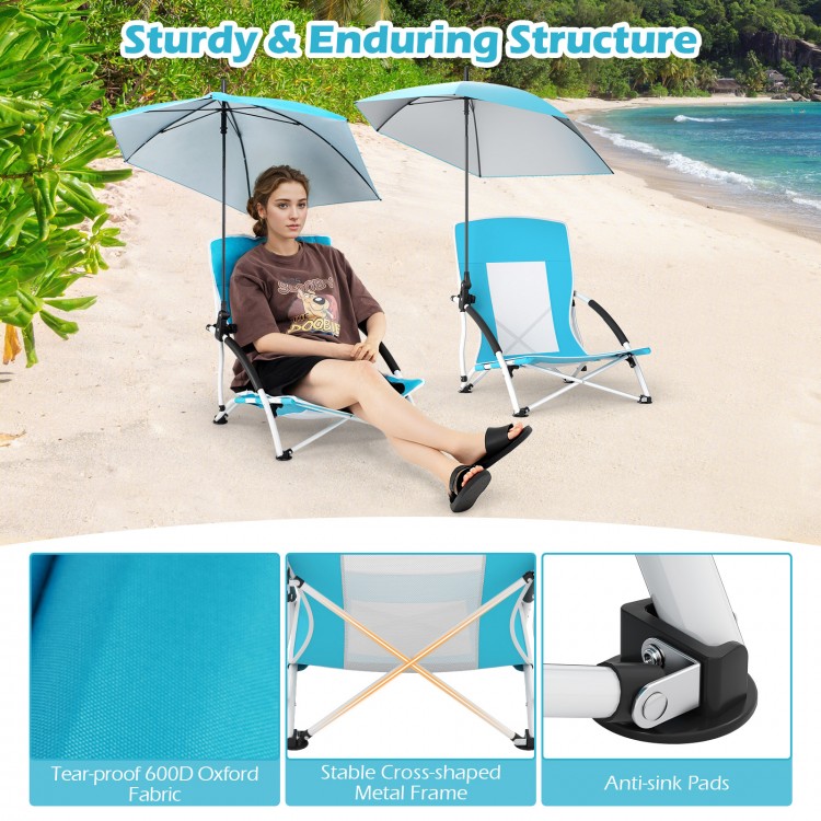 Beach umbrella chair set in blue with adjustable parasol, tear-proof fabric, and padded armrests for comfort.