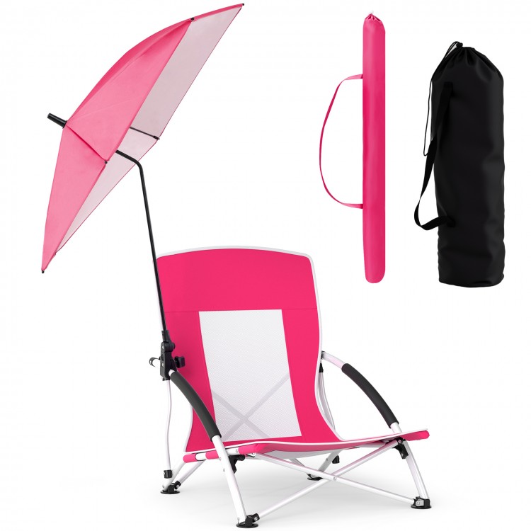 Pink beach umbrella chair with adjustable parasol, padded armrests, and breathable mesh for comfortable outdoor use.