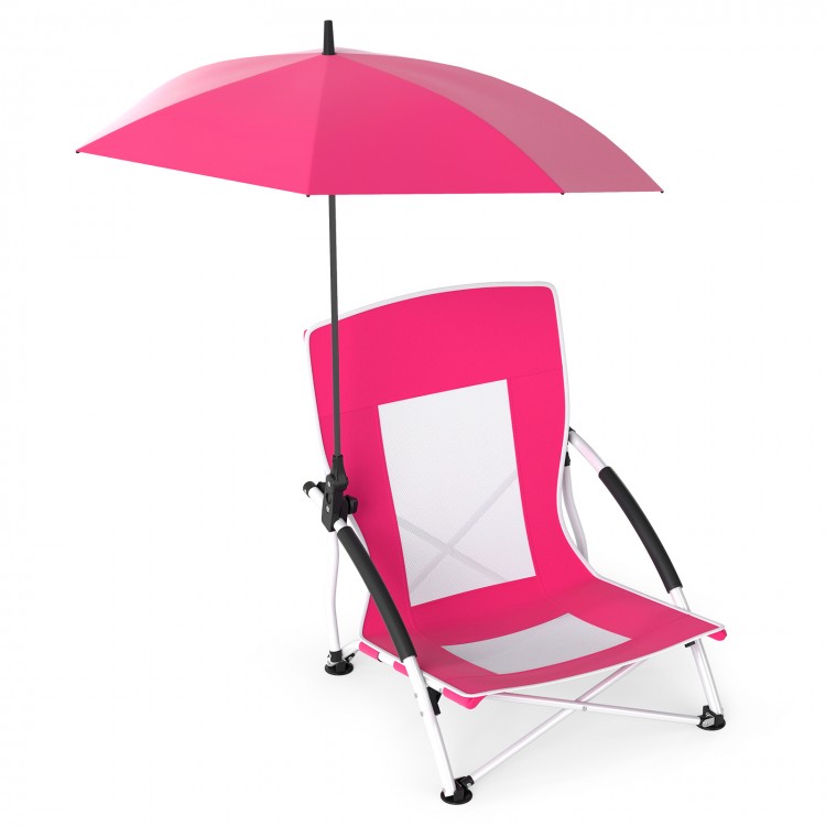 Pink beach umbrella chair with adjustable parasol, UPF50+ protection, breathable mesh, and padded armrests for comfort.
