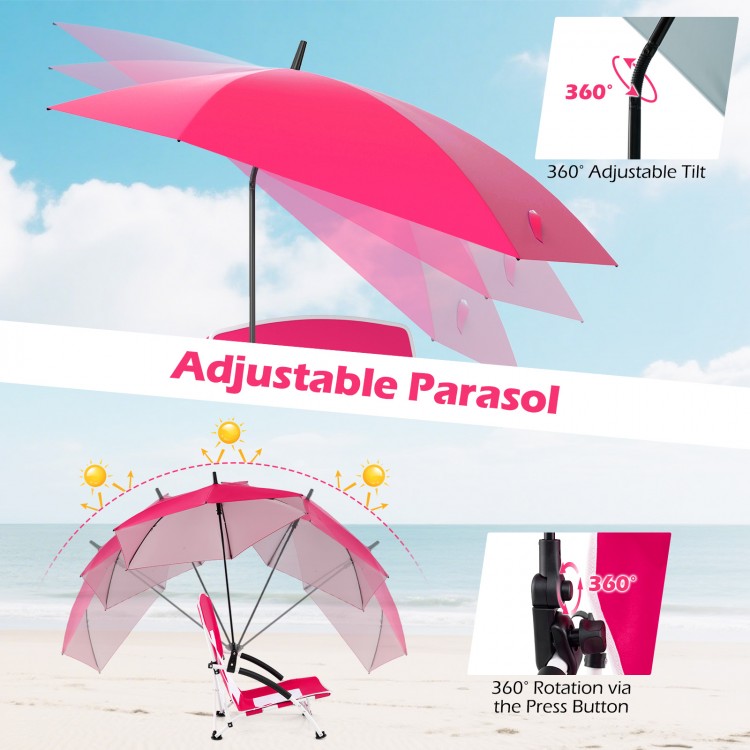 Adjustable parasol in pink with 360° tilt and rotation, paired with a beach chair for sun protection and comfort.