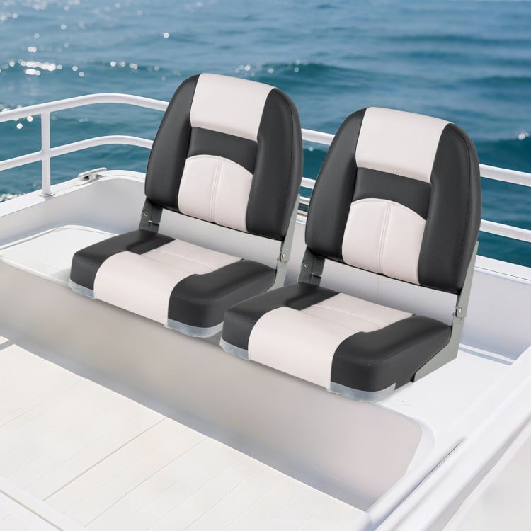 Two gray boat seats with thick sponge padding, waterproof PVC leather, and ergonomic design for comfortable seating.