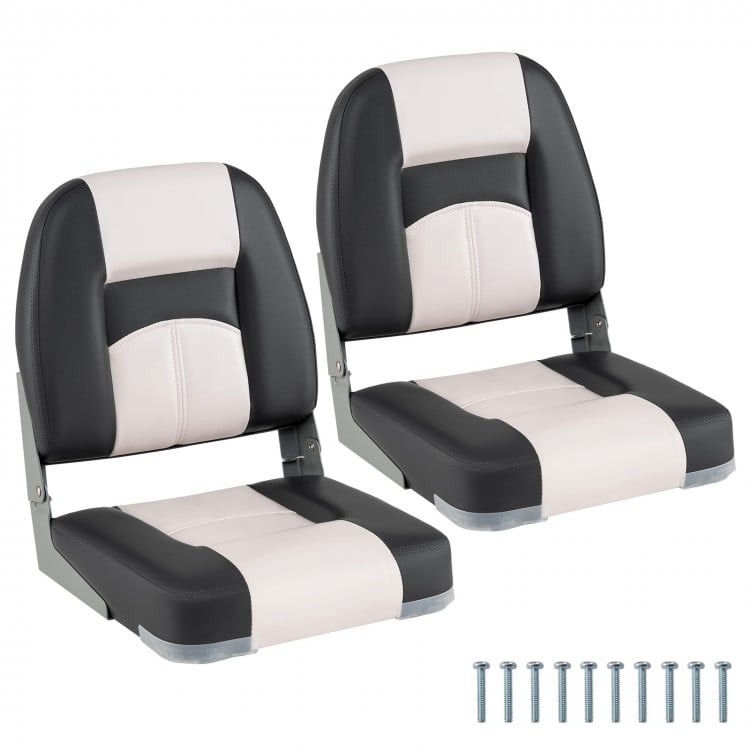 Two gray boat seats with thick sponge padding, foldable design, and fixing bolts for easy installation.