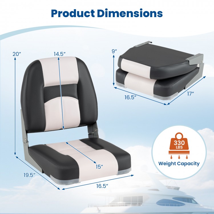Boat seat dimensions showing gray PVC leather design with thick sponge padding, supporting 330 lbs for comfortable.