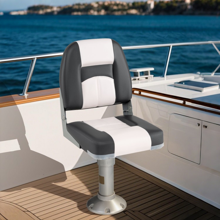 Gray boat seat with thick sponge padding, PVC leather, and ergonomic design, ideal for marine use and easy installation.