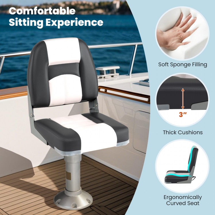 Ergonomically curved gray boat seat with thick sponge padding and waterproof PVC leather, ideal for comfortable boating.