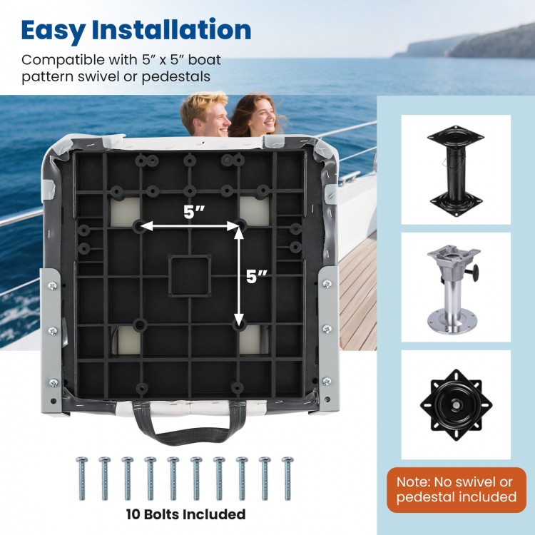 Detailed view of the boat seat base with 5" x 5" bolt pattern, includes fixing bolts for easy installation.