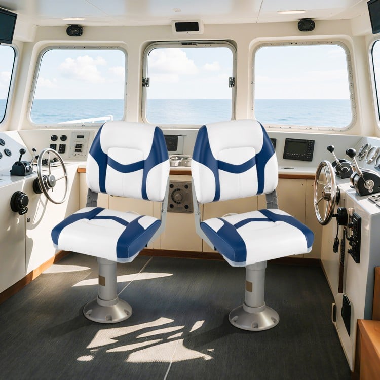 Two blue boat seats with thick cushions and ergonomic design, ideal for marine use and easy installation.