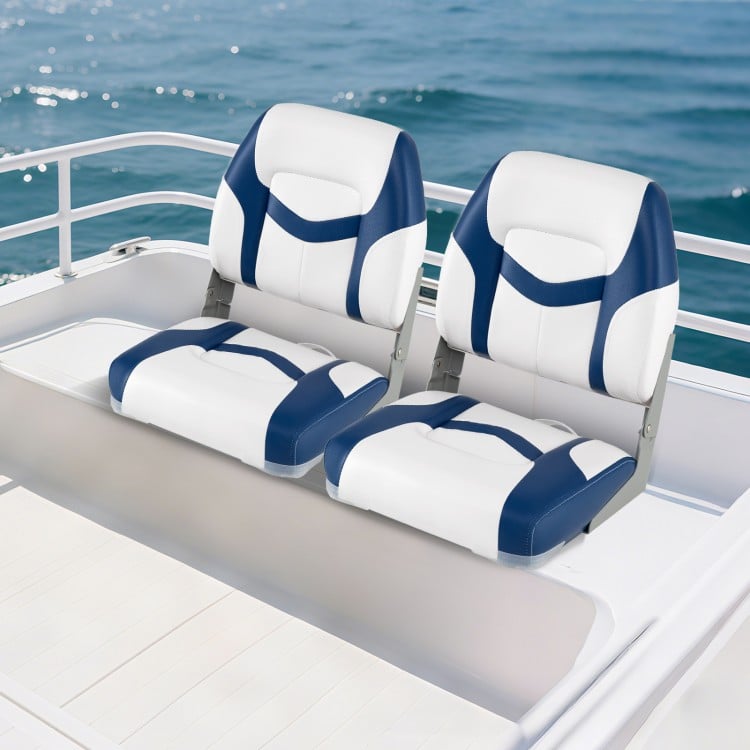 Two blue boat seats with thick cushions and PVC leather, designed for comfort and weather resistance on boats.
