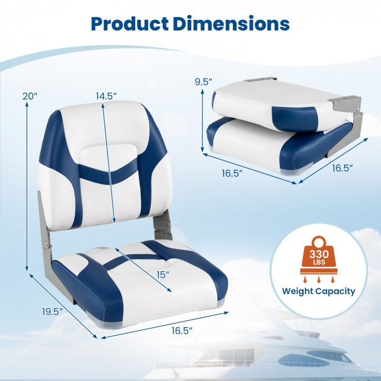 Boat seat dimensions showing ergonomic design, PVC leather material, and 330 lbs weight capacity for comfortable.
