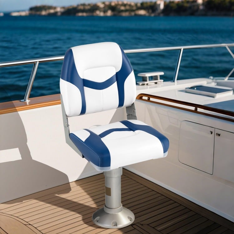 Ergonomically designed blue and white boat seat with thick cushions, ideal for comfortable marine seating.