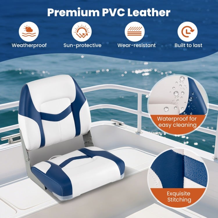 Ergonomically designed blue boat seat made of waterproof PVC leather, featuring exquisite stitching for durability.