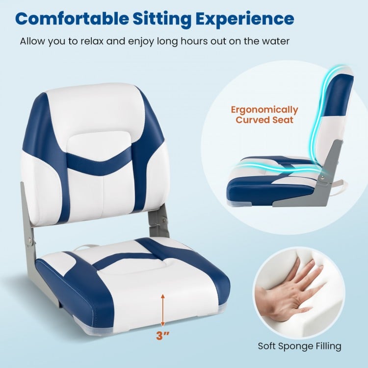 Ergonomically curved blue boat seat with soft sponge filling, waterproof PVC leather, ideal for comfortable seating.