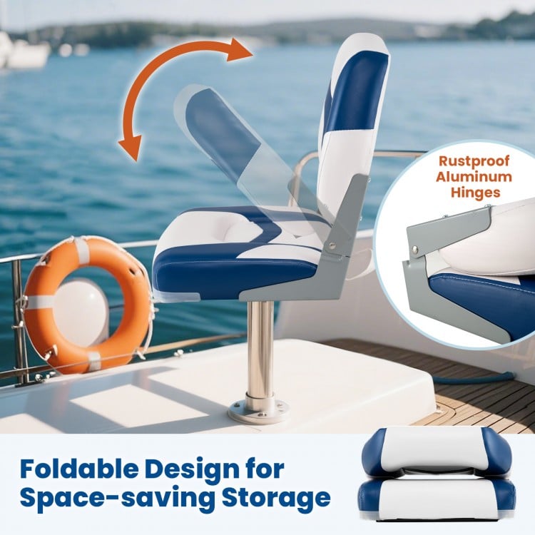 Foldable blue boat seat with rustproof aluminum hinges, designed for space-saving storage and easy installation.