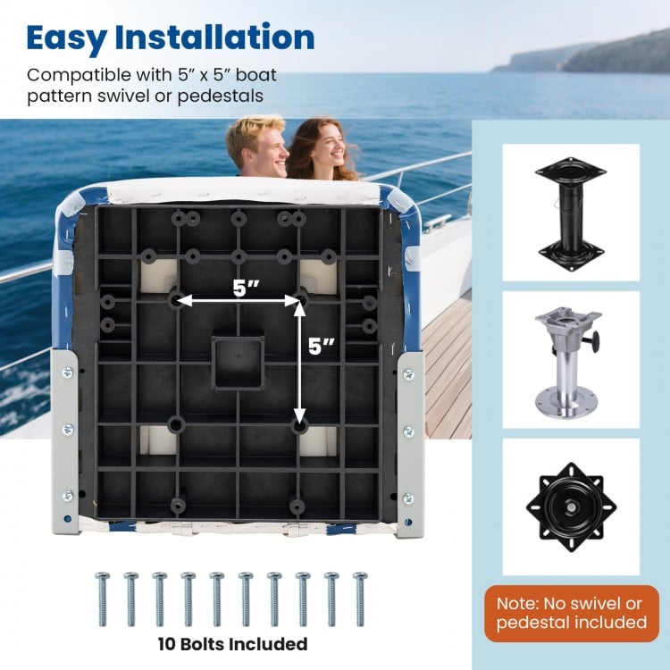 Close-up of the boat seat base showing 5" x 5" bolt pattern for easy installation with included fixing bolts.