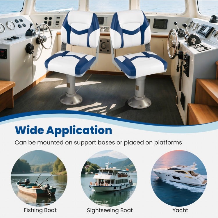 Blue boat seats with thick cushions and PVC leather, designed for comfort and weather resistance, suitable for various.