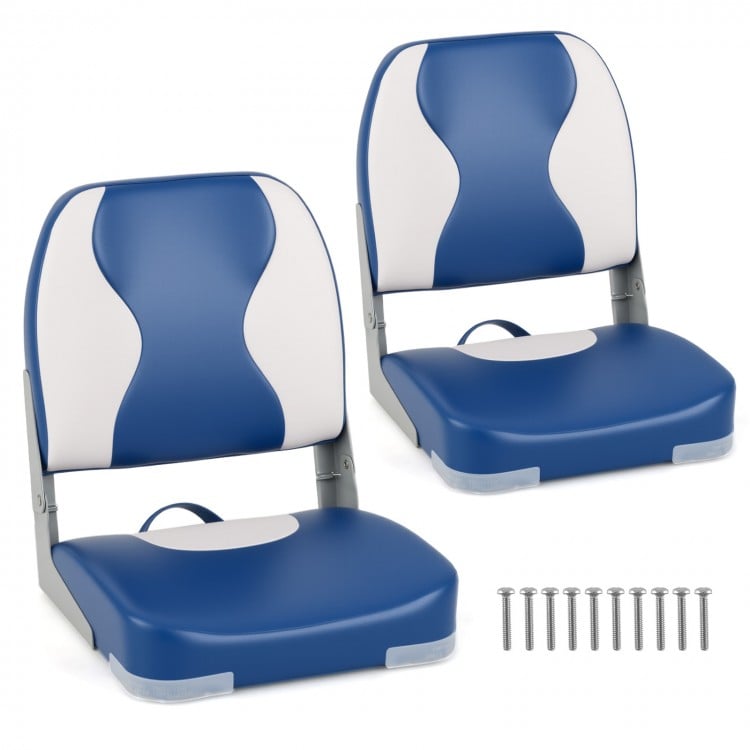 Blue boat seats with thick sponge padding, PVC leather, ergonomic design, foldable for easy storage and installation.