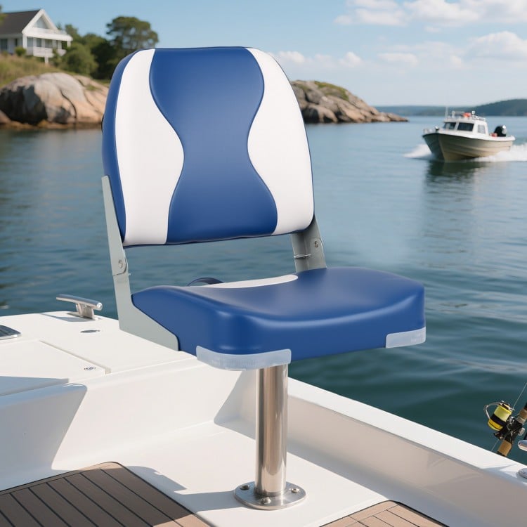 Blue boat seat with thick sponge padding, made of weather-resistant PVC leather, ideal for comfortable marine seating.