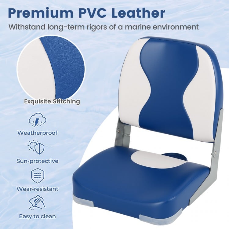 Blue boat seat with thick sponge padding, made of weather-resistant PVC leather, designed for comfort and durability.