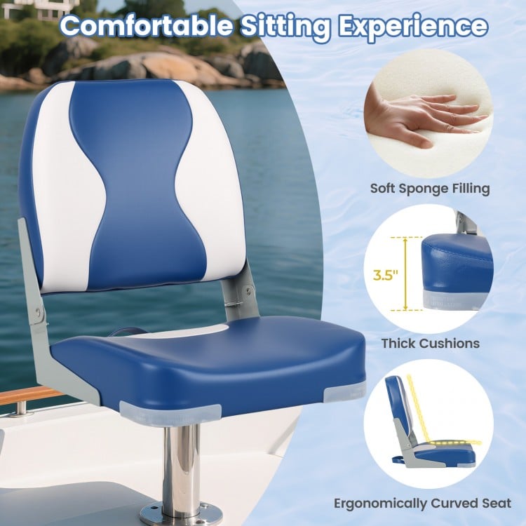Ergonomically curved blue boat seat with thick sponge padding, featuring PVC leather for durability and comfort.