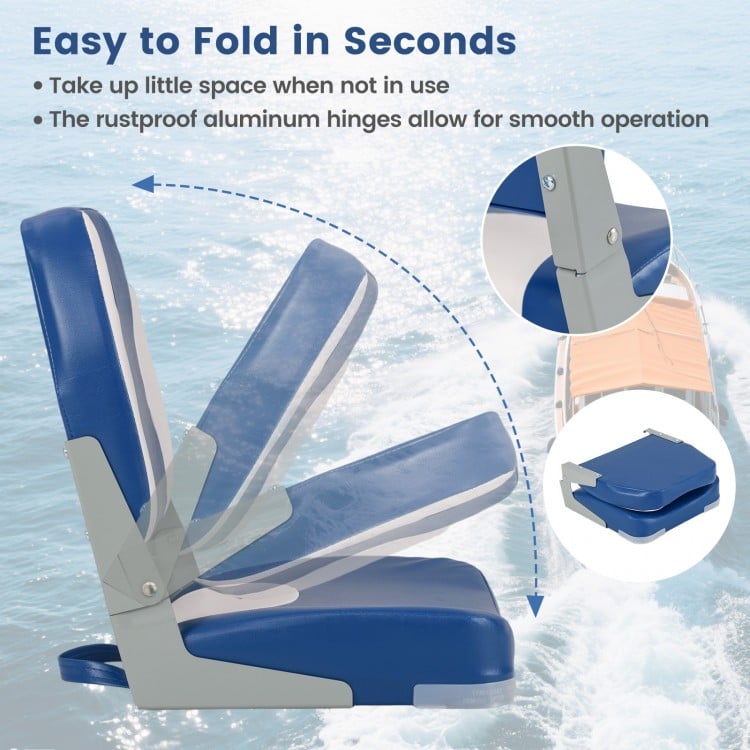 Blue boat seat with thick sponge padding, PVC leather, and rustproof aluminum hinges for easy folding and durability.