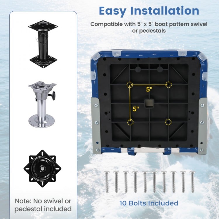 Boat seat installation base showing 5" x 5" bolt pattern, includes 10 bolts for easy setup and strong support.