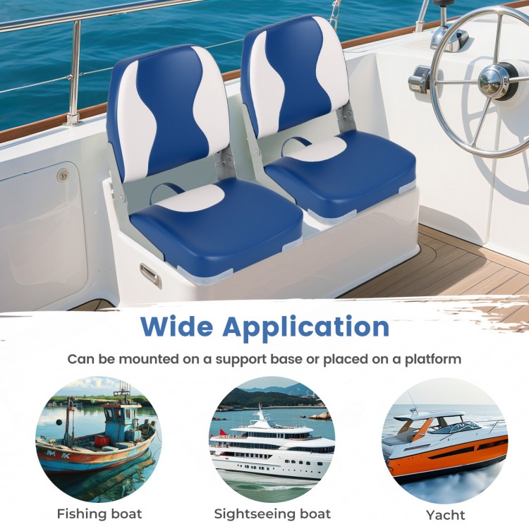 Two blue boat seats with thick sponge padding, made of weather-resistant PVC leather, ideal for fishing and sightseeing.