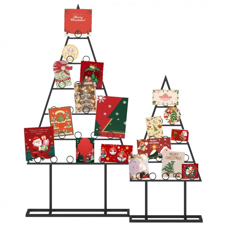Christmas tree photo holder set featuring a black metal frame with 36 round clips for displaying cards and photos.