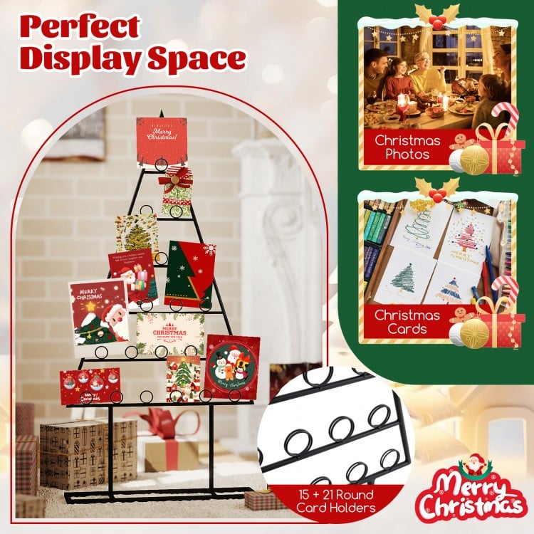 Christmas tree-shaped photo holder with 36 round clips, perfect for displaying cards and photos in homes or offices.