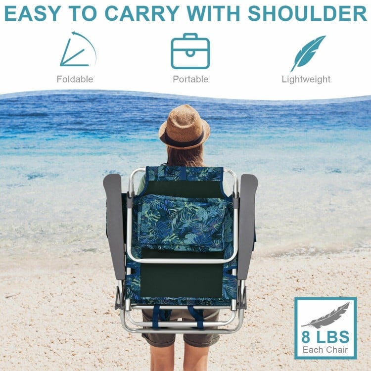 Folding backpack beach chair set with 5-position adjustable backrest, waterproof PVC, and lightweight aluminum frame.