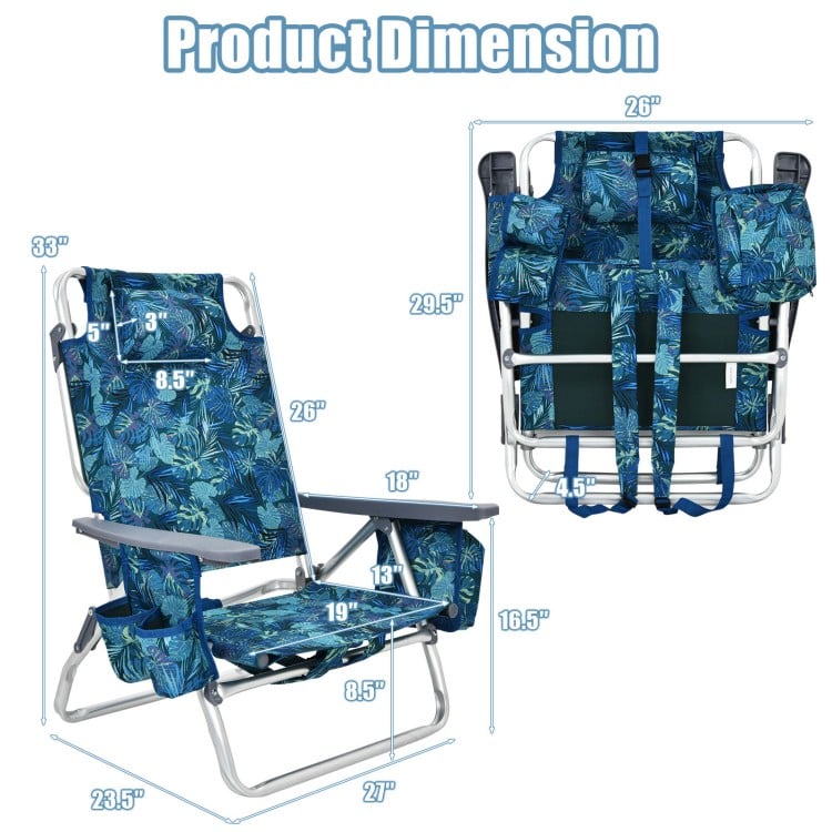 Folding backpack beach chair set with 5-position adjustable backrest, waterproof PVC, and anti-rust aluminum frame.