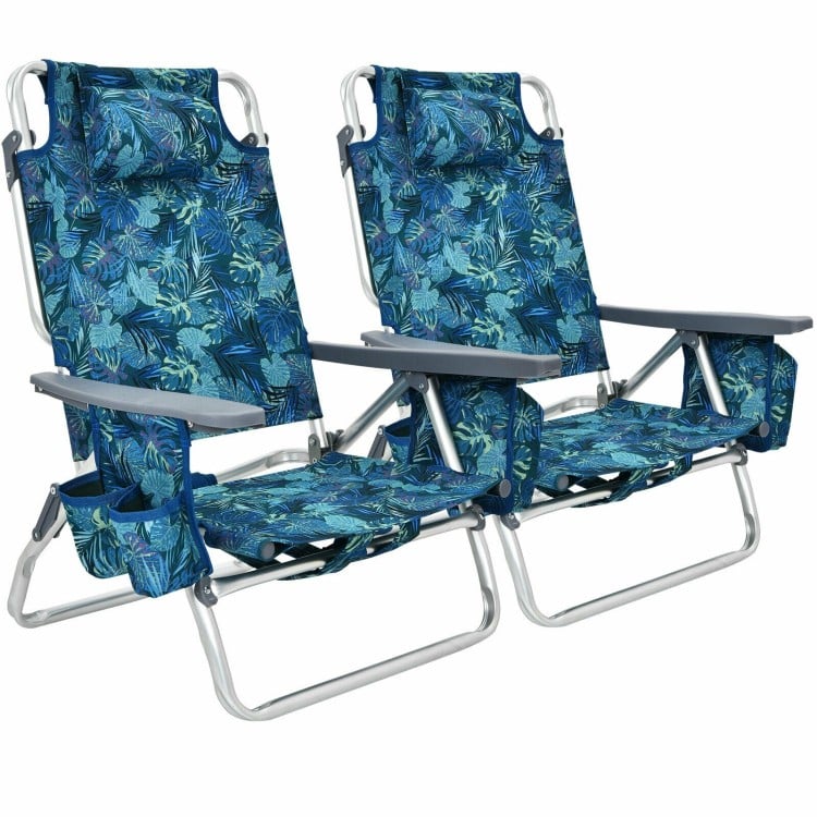 Two-pack folding beach chairs with navy floral design, 5-position adjustable backrest, perfect for outdoor relaxation.