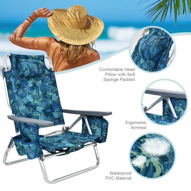 Folding backpack beach chair with 5-position adjustable backrest, waterproof PVC, and ergonomic armrest for outdoor.