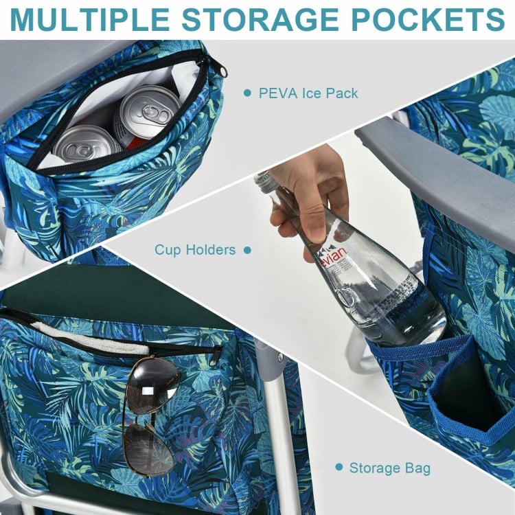 Close-up of storage pockets on a folding beach chair, featuring cup holders, PEVA ice pack, and storage bag for.