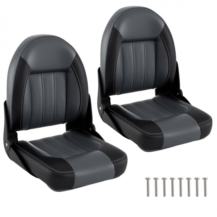 High back boat chairs in black with sponge padding, foldable design, and fixing bolts for easy installation.